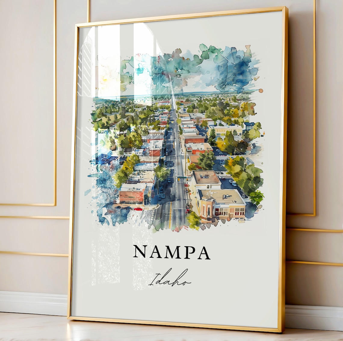Nampa Idaho Watercolor Downtown Aerial Main Street View Poster - Image 3