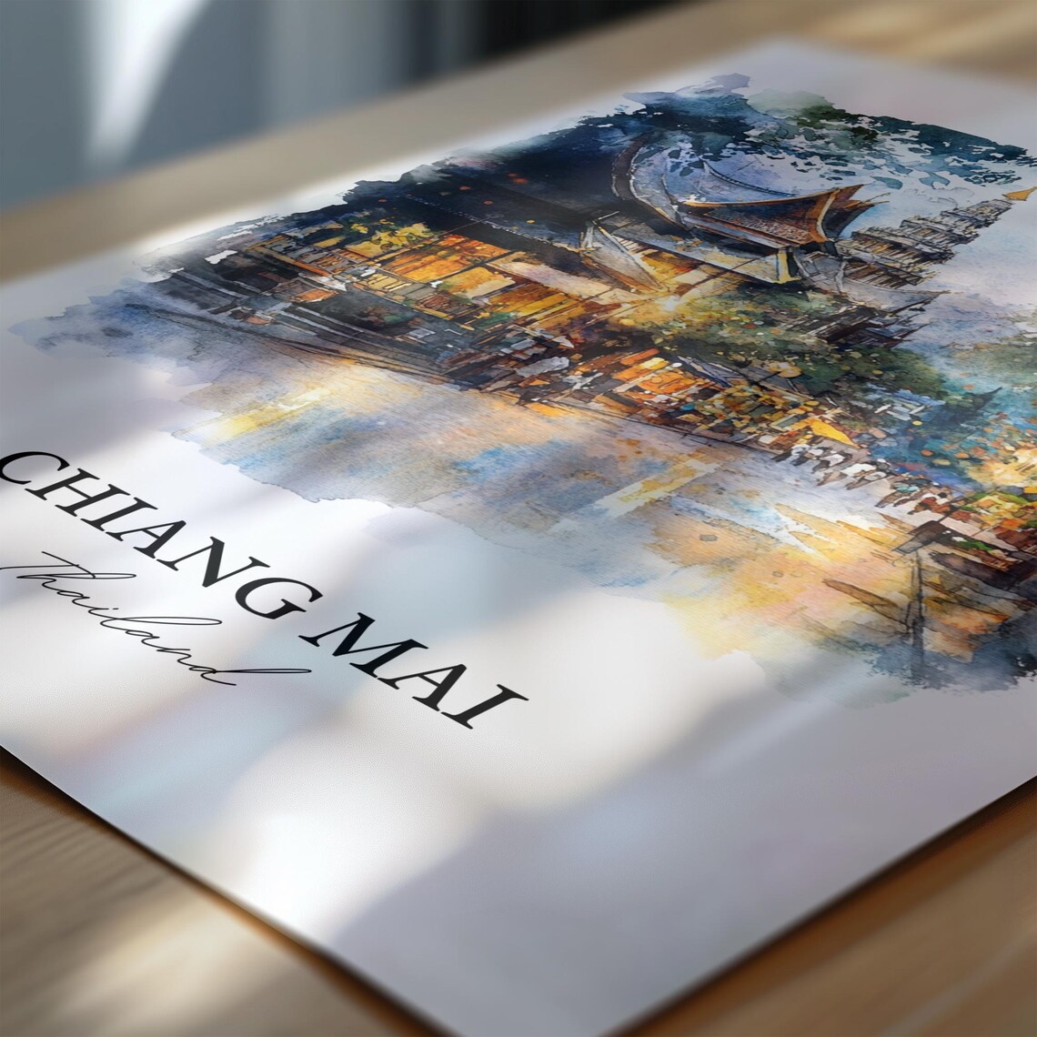 Chiang Mai Thailand Night Street Temple Watercolor Travel Poster - Image 6