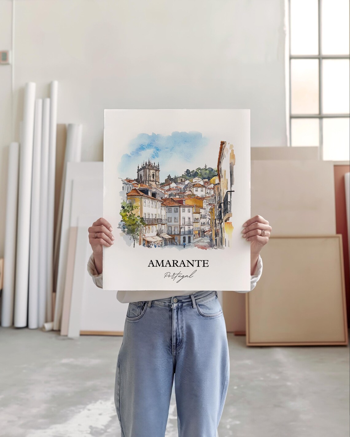 Amarante Portugal Watercolor Hillside Old Town Church Tower Poster - Image 4