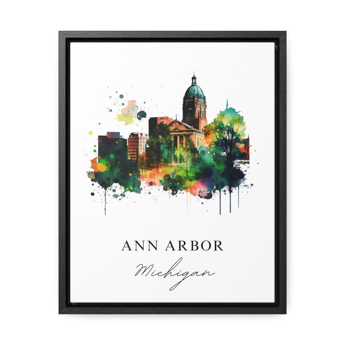 Ann Arbor Michigan Watercolor Skyline Dome Tower Travel Art Poster