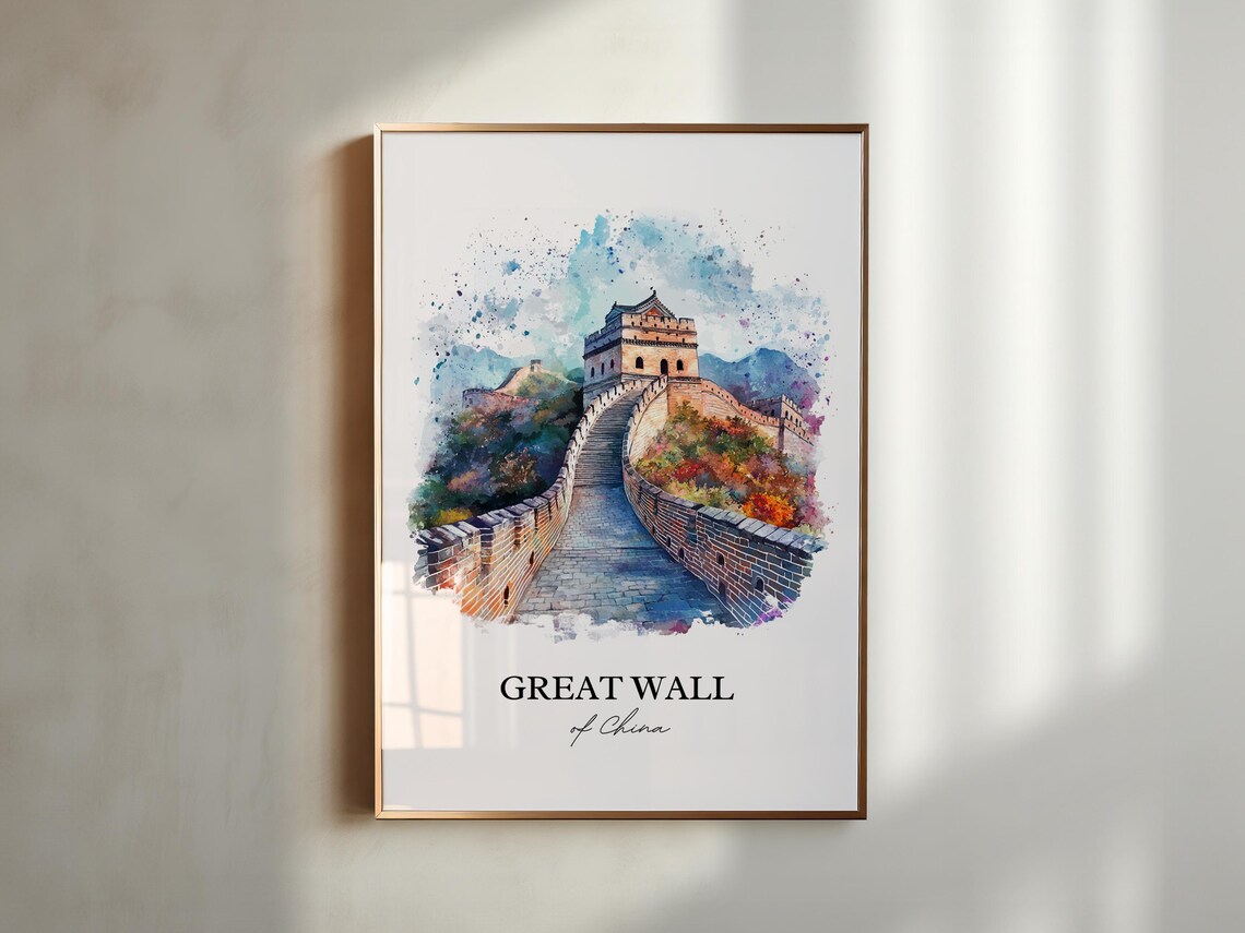 Great Wall of China Watchtower Mountains Watercolor Travel Poster - Image 3