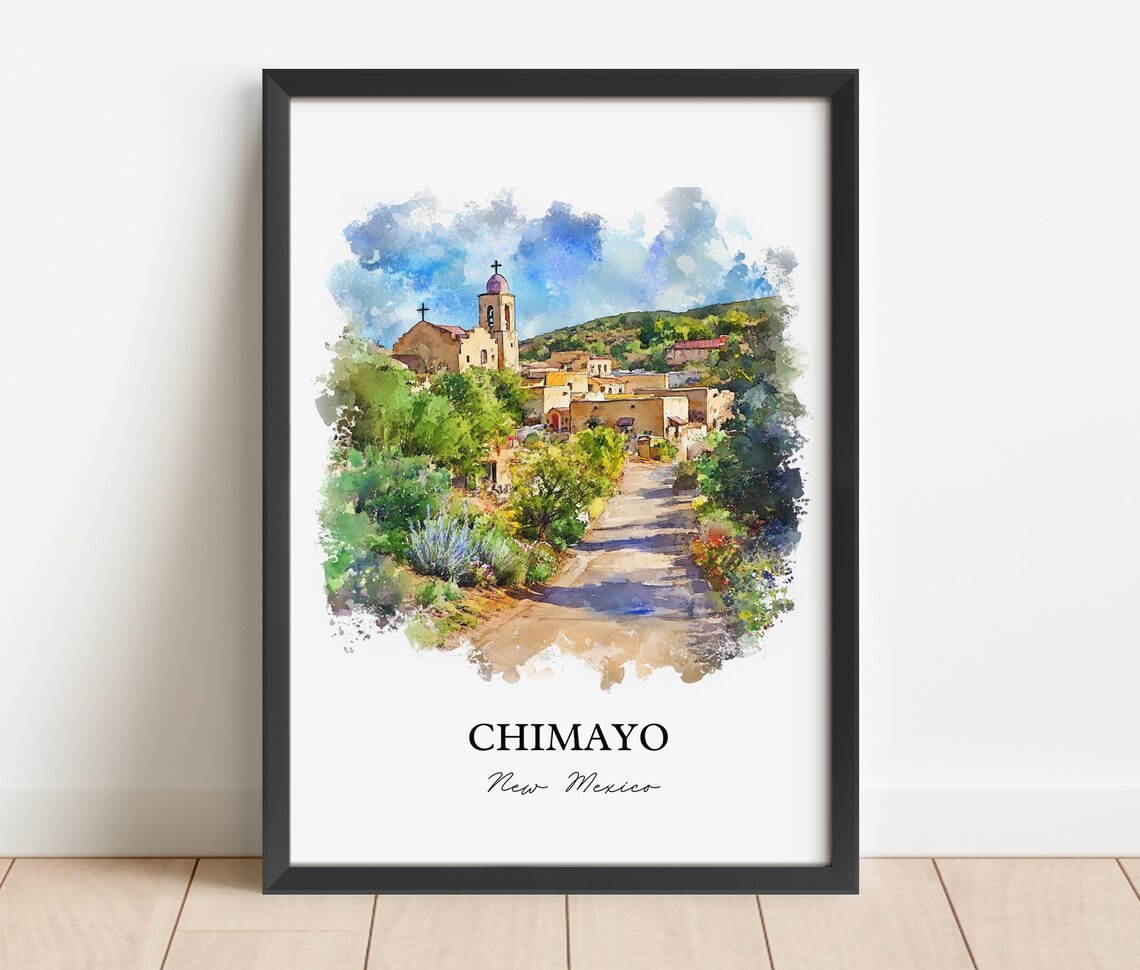 Chimayo New Mexico Adobe Church Village Path Watercolor Travel Poster - Image 2