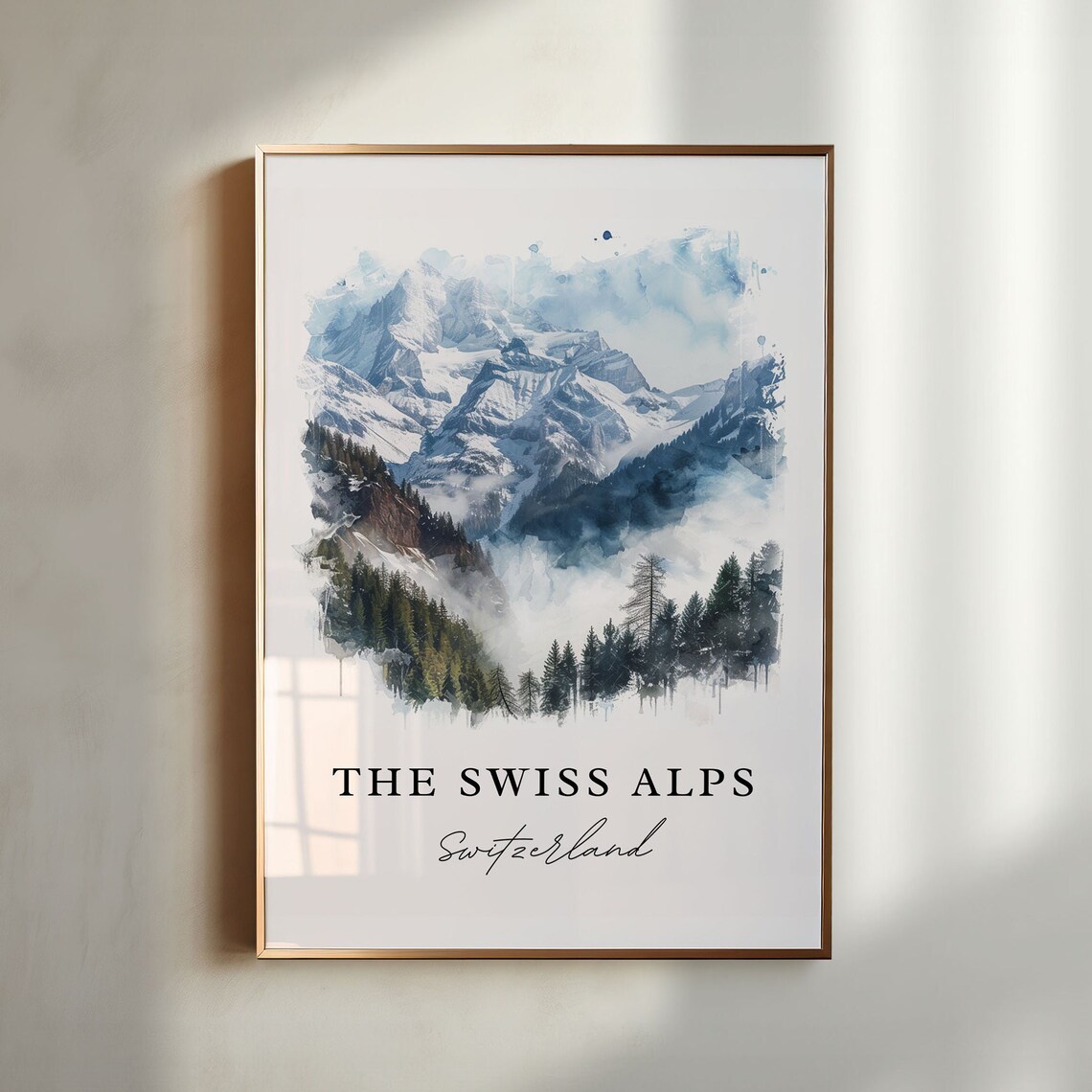 The Swiss Alps Switzerland Watercolor Snow Peaks Pines Poster
