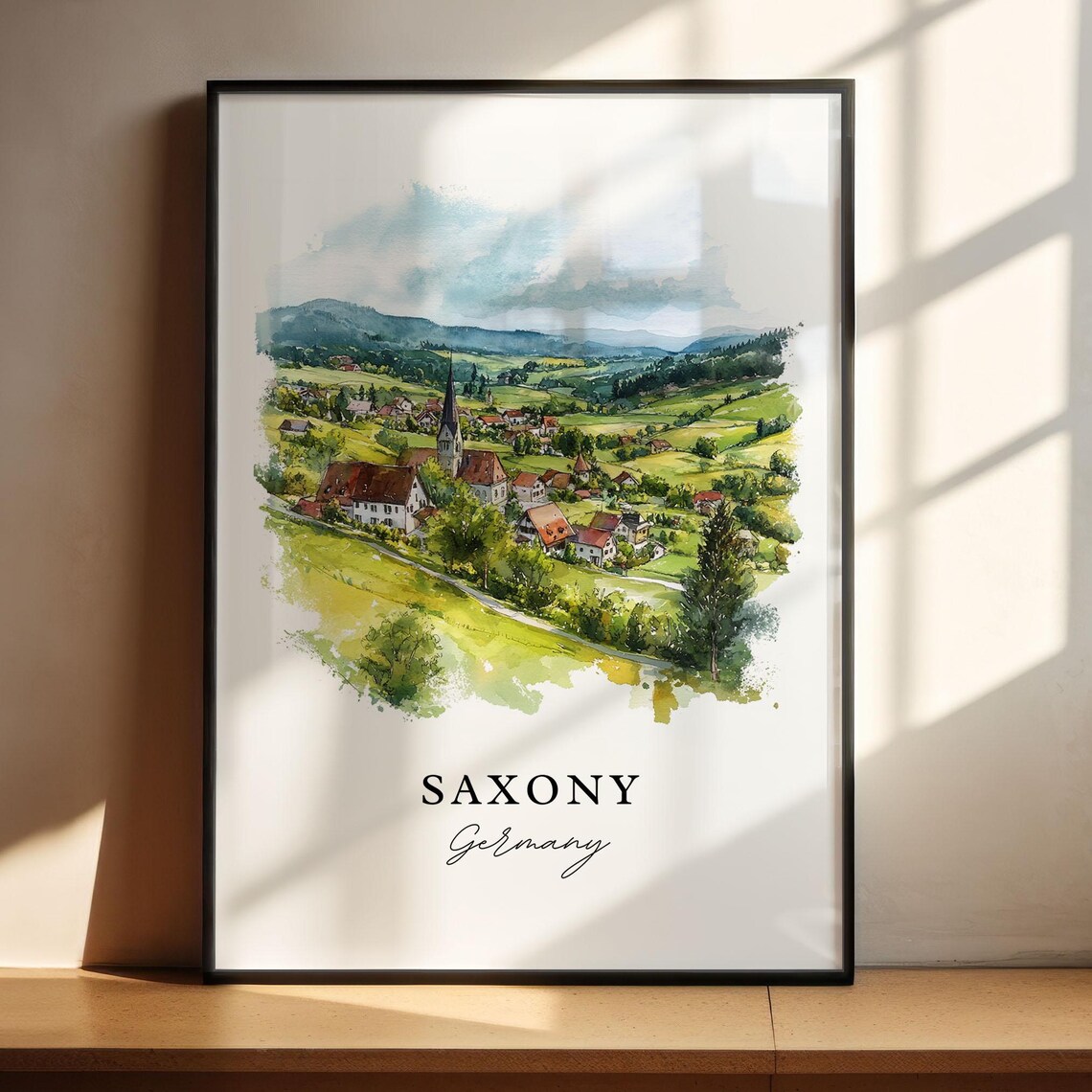 Saxony Germany Countryside Village Church Watercolor Travel Poster - Image 4