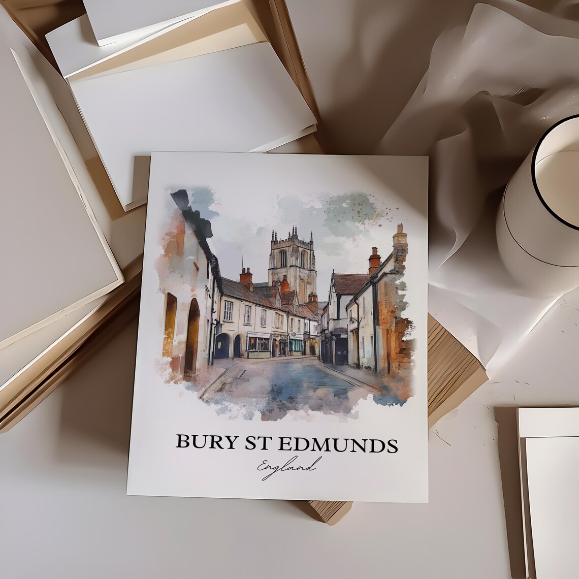 Bury St Edmunds England Historic Street Watercolor Skyline Art Poster - Image 4