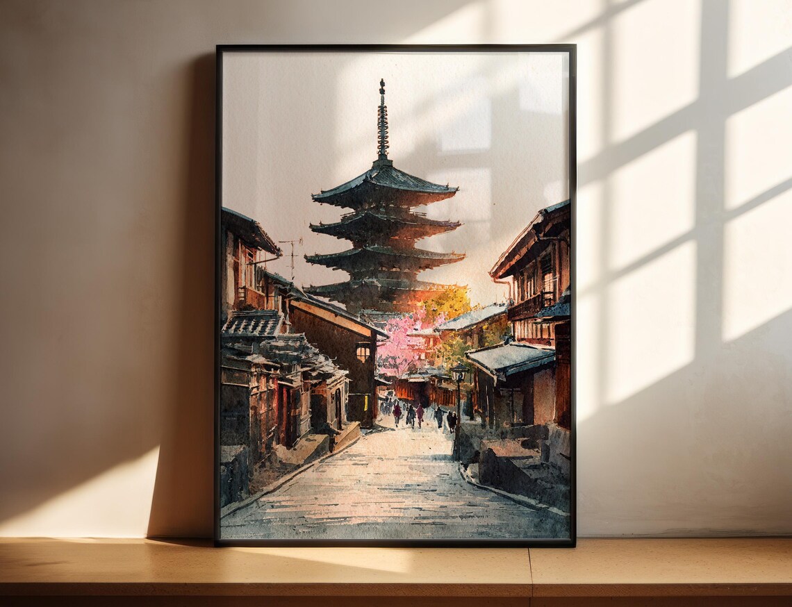 Nara Japan Pagoda Watercolor Historic Stone Street Travel Poster