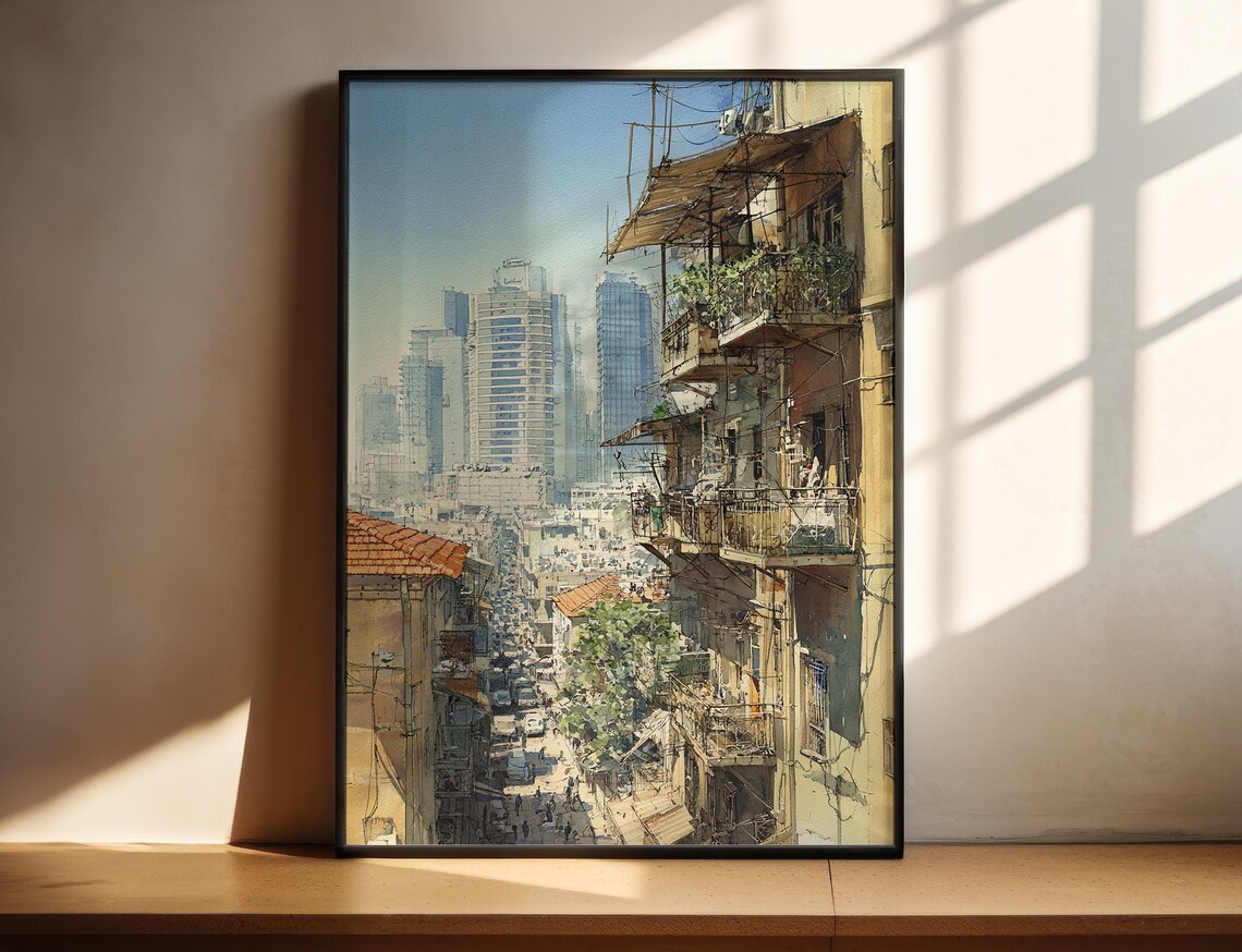 Tel Aviv Israel Street Watercolor Cityscape Travel Scene Art Poster