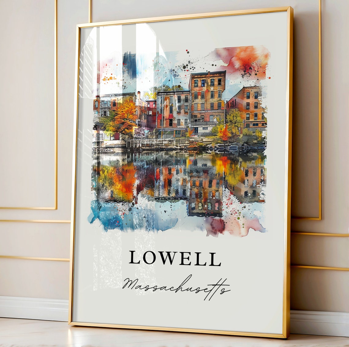 Lowell Massachusetts Historic Mill City Watercolor River Scene Poster - Image 3