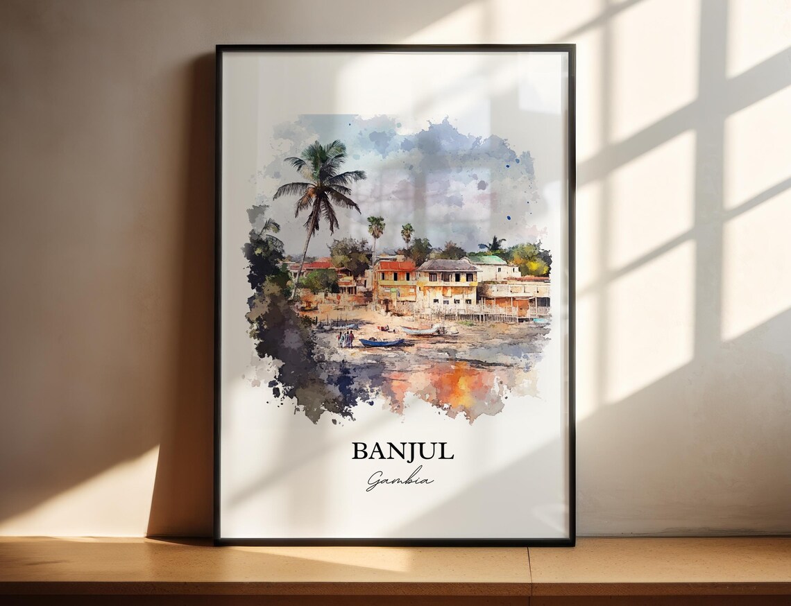 Banjul Gambia Fishing Boats Palm Beach Watercolor Travel Poster