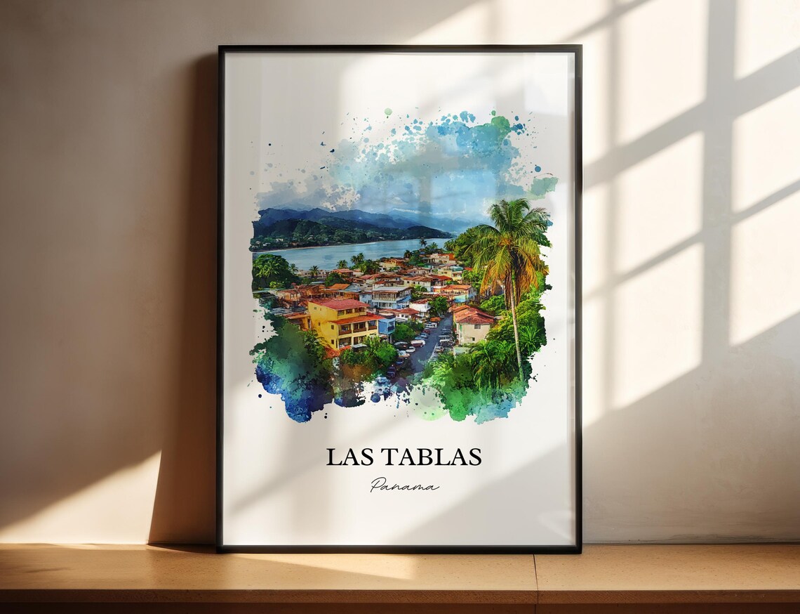 Las Tablas Panama Coastal Town Bay Palm Aerial Watercolor Poster
