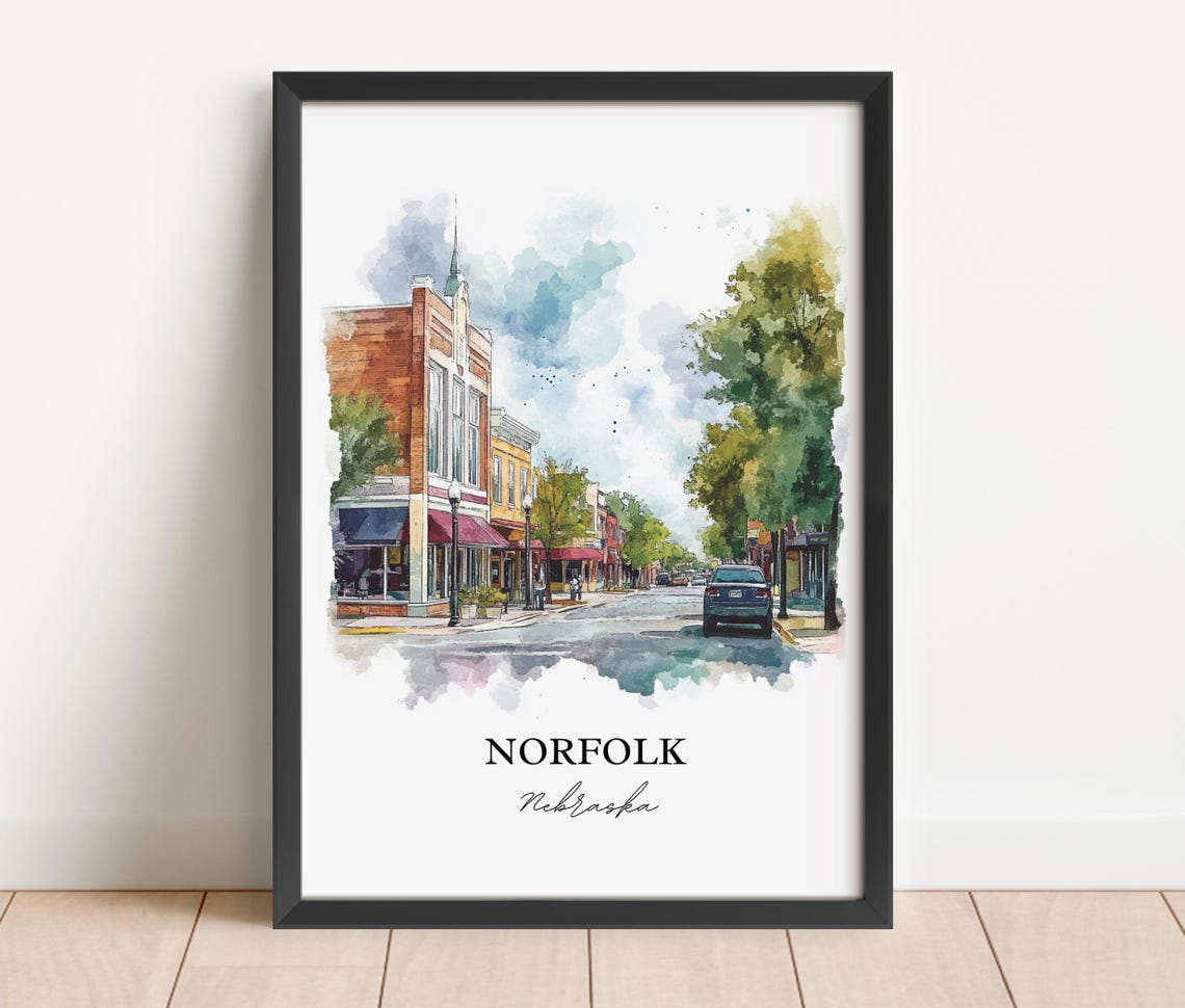 Norfolk Nebraska Charming Downtown Street Scene Watercolor Poster - Image 3