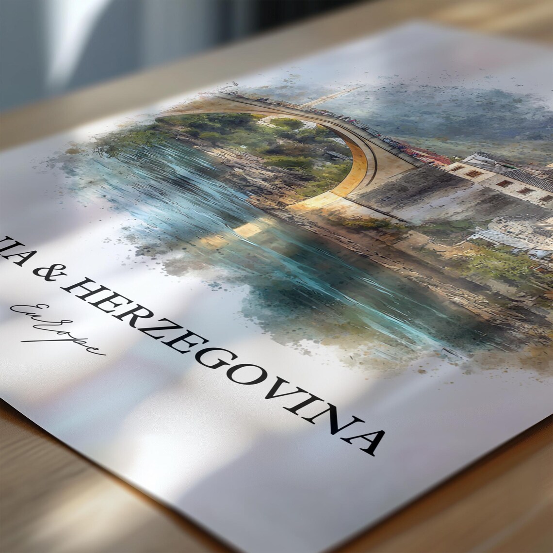 Bosnia Herzegovina Stari Most Bridge Watercolor River Landscape Poster - Image 6
