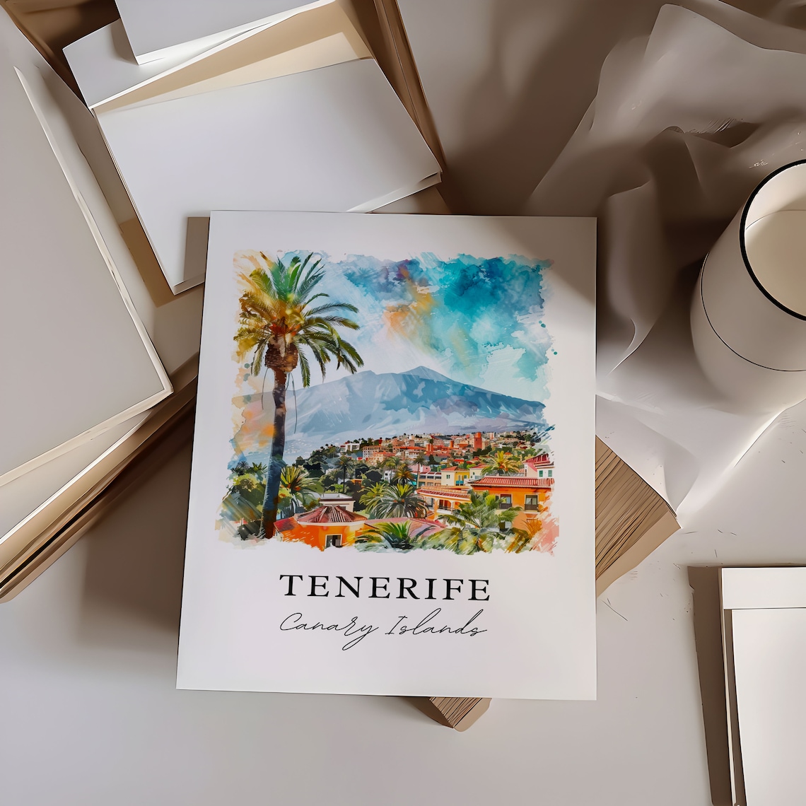 Tenerife Canary Islands Palm Volcano Watercolor Travel Poster - Image 6
