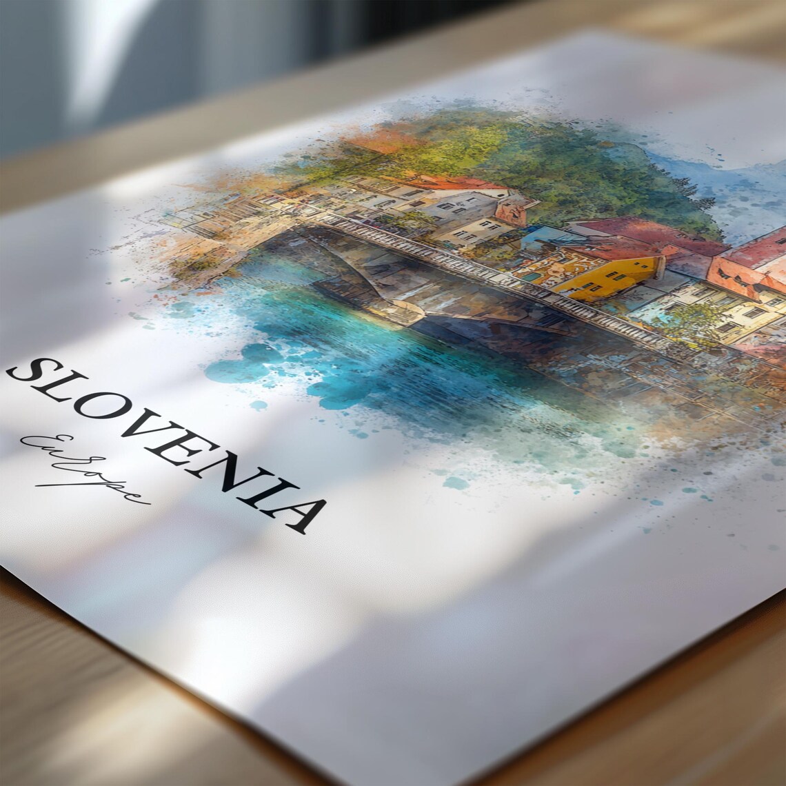 Slovenia Europe Riverside Church Tower Watercolor Travel Poster - Image 6