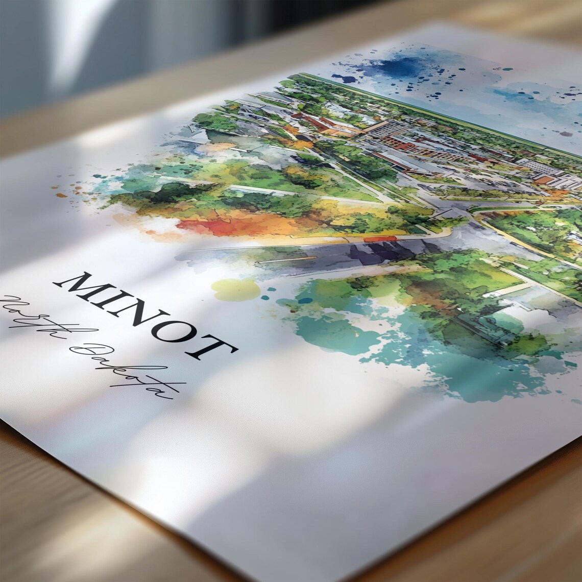 Minot North Dakota Watercolor Downtown Aerial City View Poster - Image 6