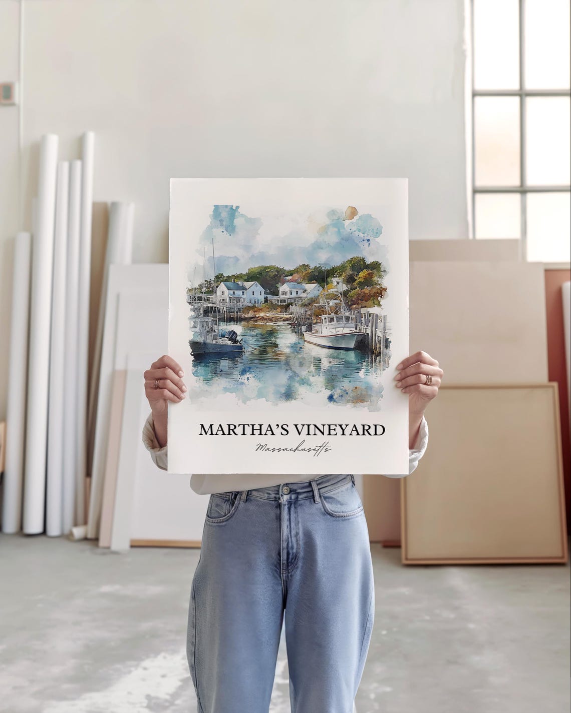 Martha's Vineyard Watercolor Fishing Boat Harbor Scene Poster - Image 2
