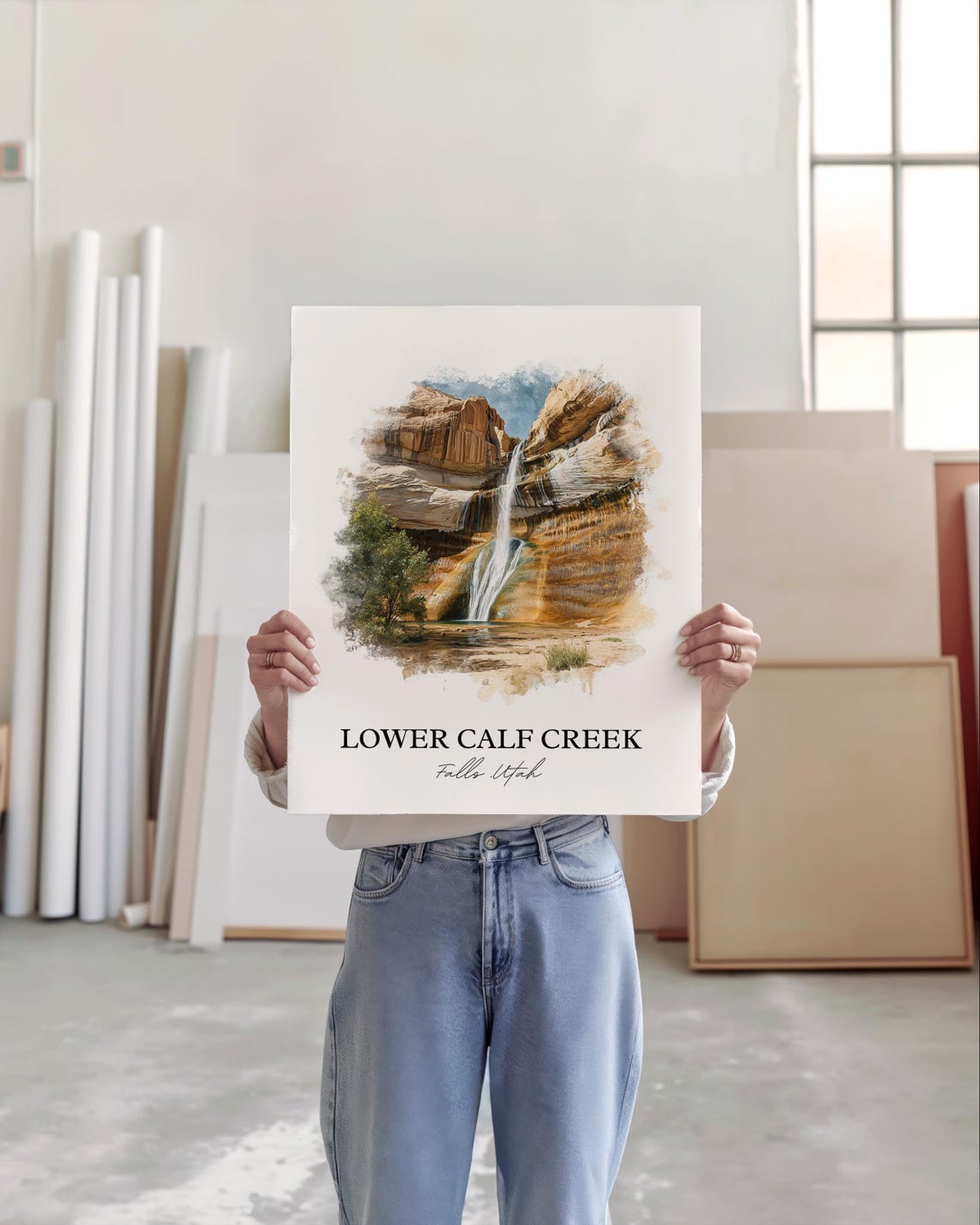 Lower Calf Creek Falls Utah Orange Sandstone Dome Watercolor Poster - Image 2