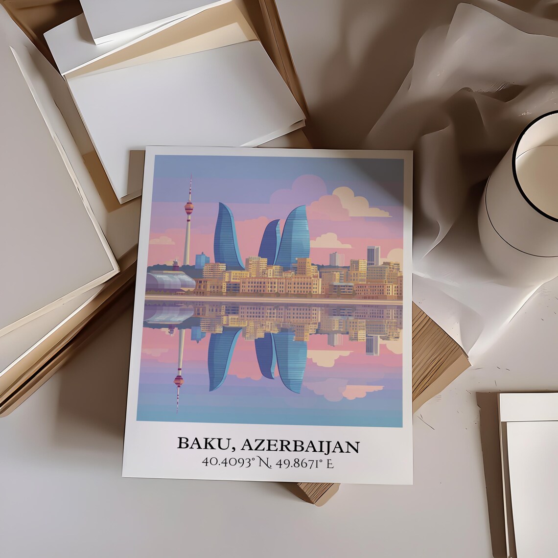 Baku Azerbaijan Flame Towers Waterfront Reflection Retro Travel Poster - Image 3