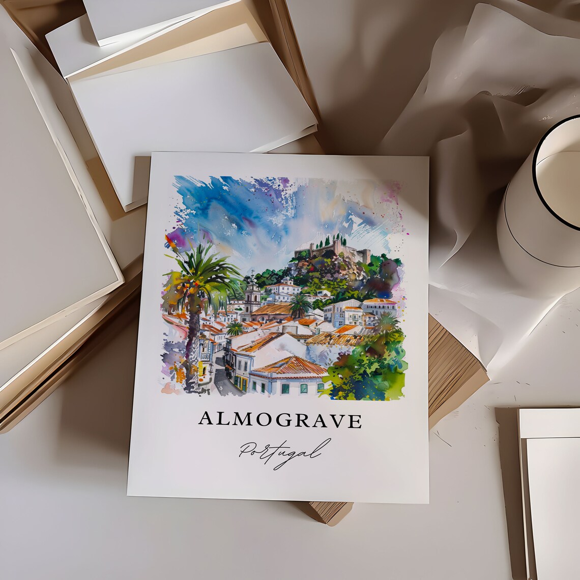 Almograve Portugal Whitewashed Village Watercolor Travel Wall Art - Image 6