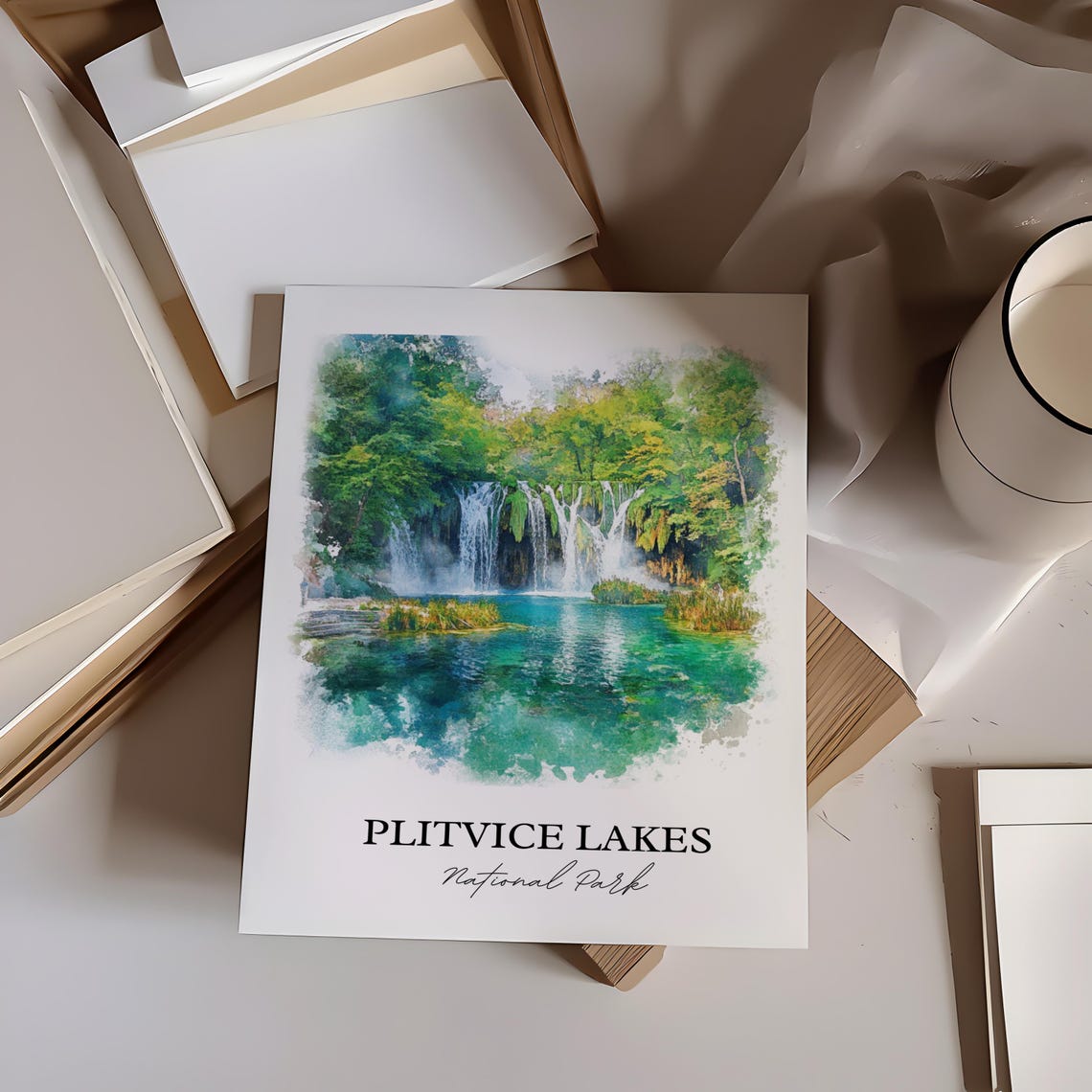 Plitvice Lakes Croatia Waterfall Lake Watercolor Travel Poster - Image 3