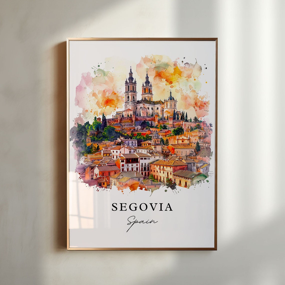 Segovia Spain Watercolor Cathedral Hill Terracotta Roofs Poster