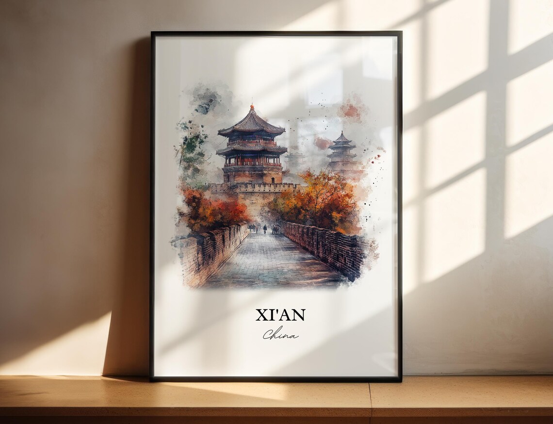 Xian China Watercolor Historic City Wall Tower Autumn Poster