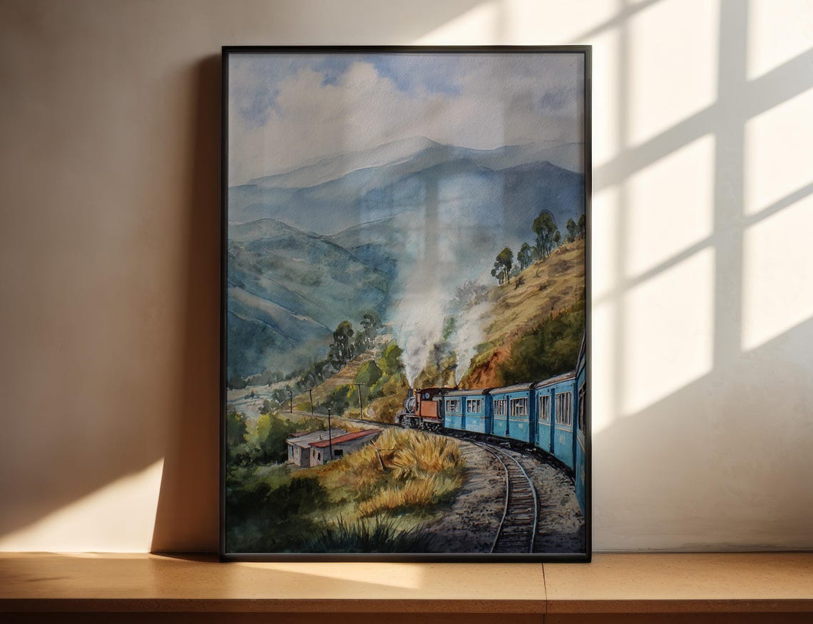 Blue Steam Train Through Andes Mountains Watercolor Railroad Poster