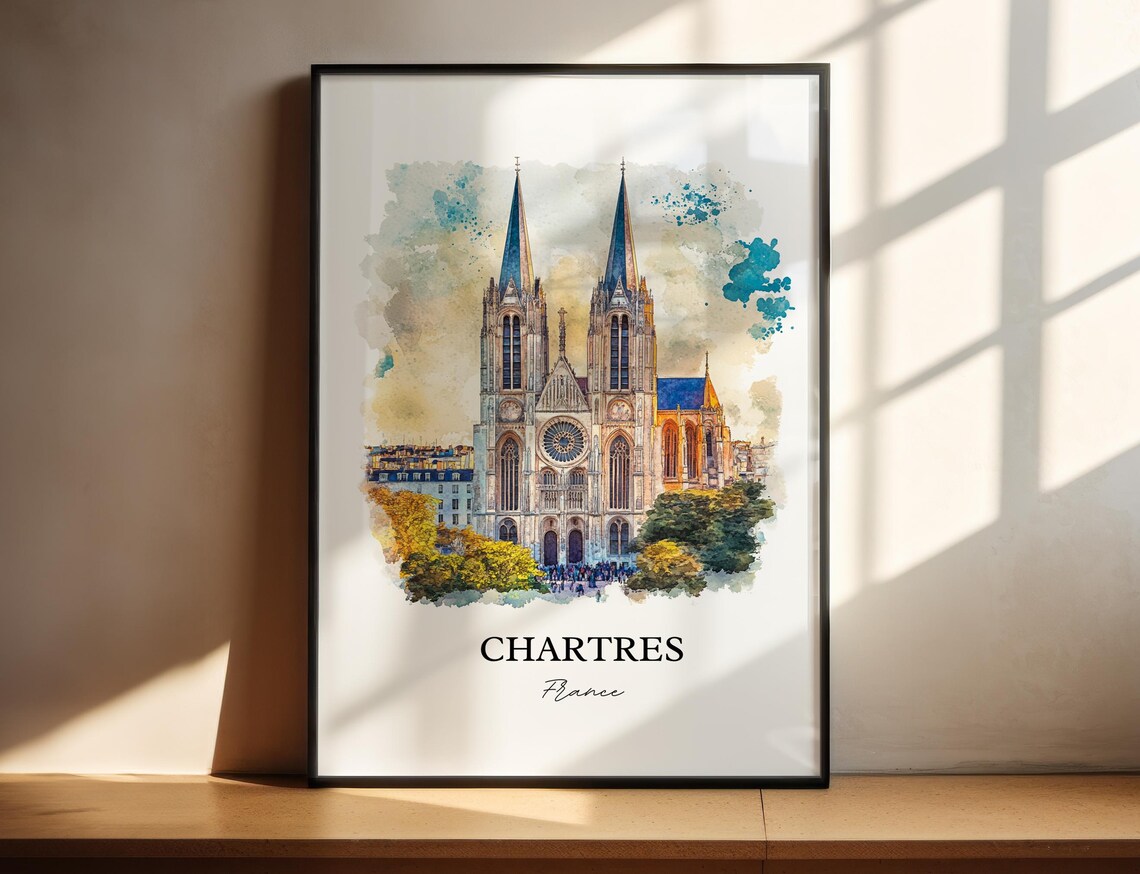 Chartres France Watercolor Cathedral Twin Spires Gothic Facade Poster