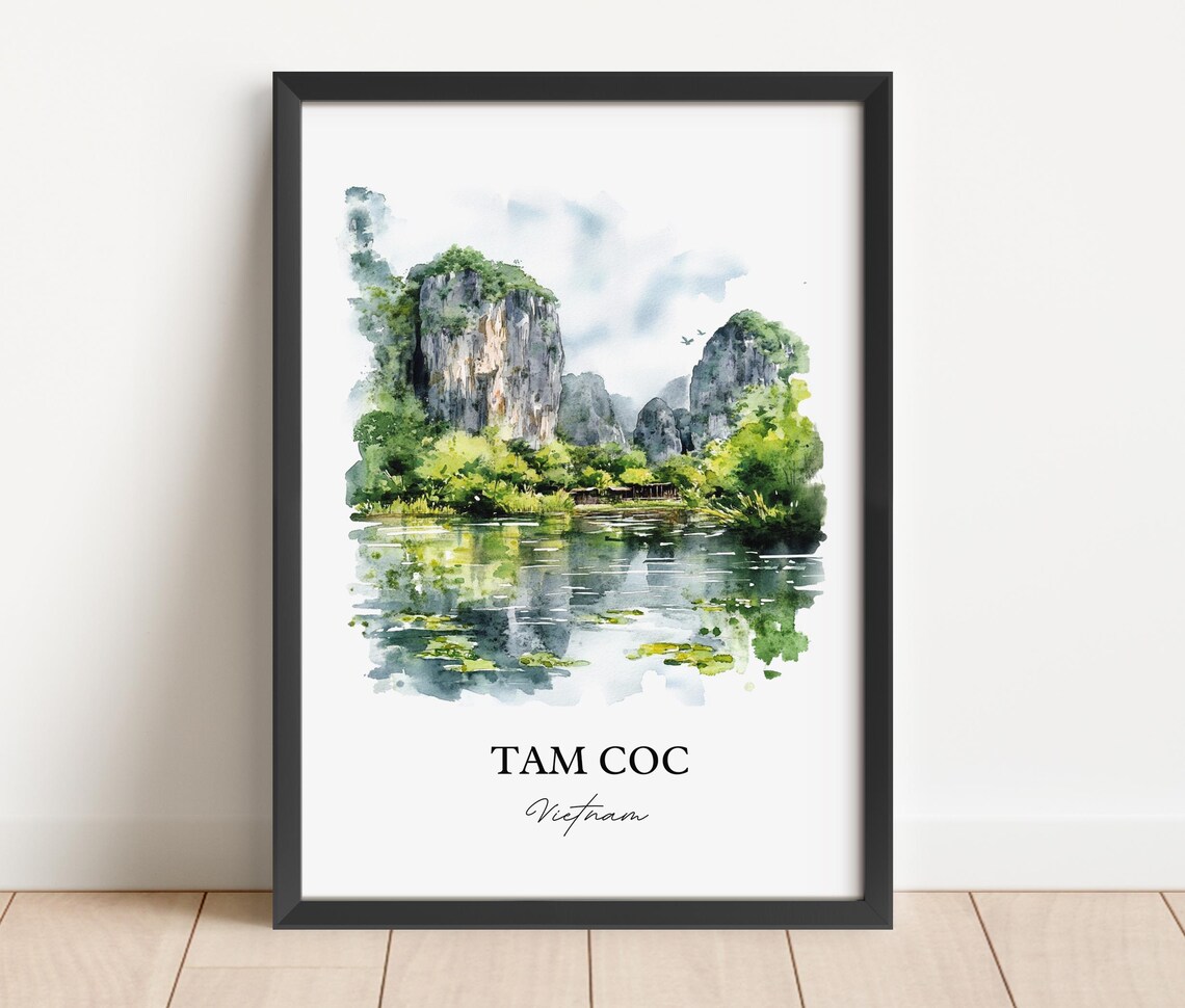 Tam Coc Vietnam Watercolor Limestone Karst River Landscape Poster - Image 2