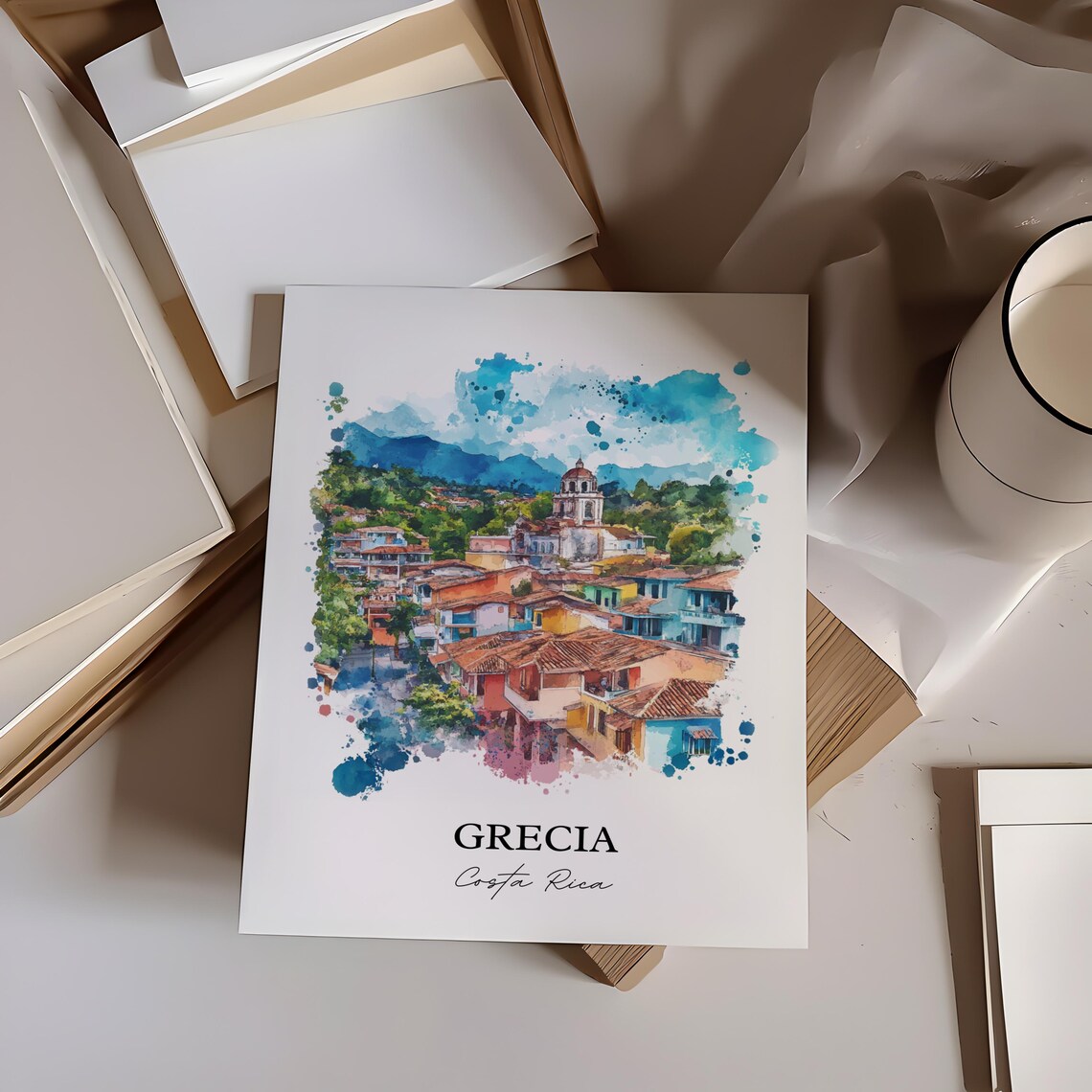 Grecia Costa Rica Watercolor Town Church Mountains Gift Poster - Image 4