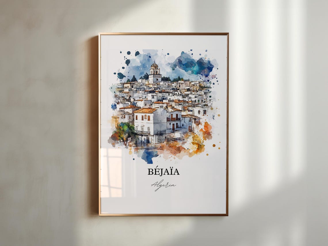 Bejaia Algeria White Hillside Mediterranean Town Watercolor Poster - Image 3