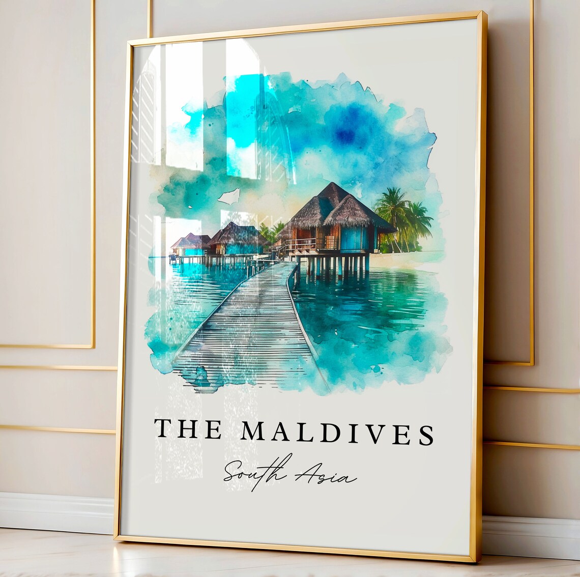 Maldives South Asia Overwater Villas Jetty Watercolor Art Poster - Image 3