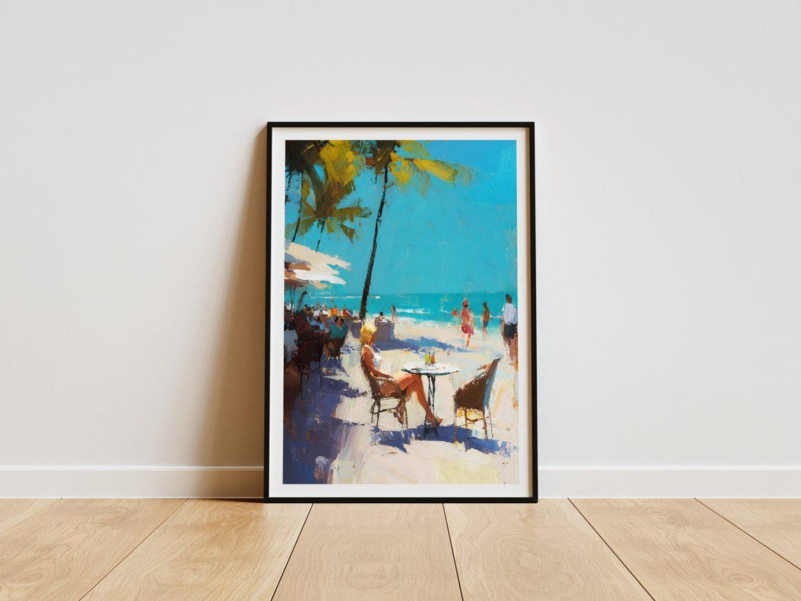 Beach Cafe Seaside Table Turquoise Ocean Tropical Painting Poster
