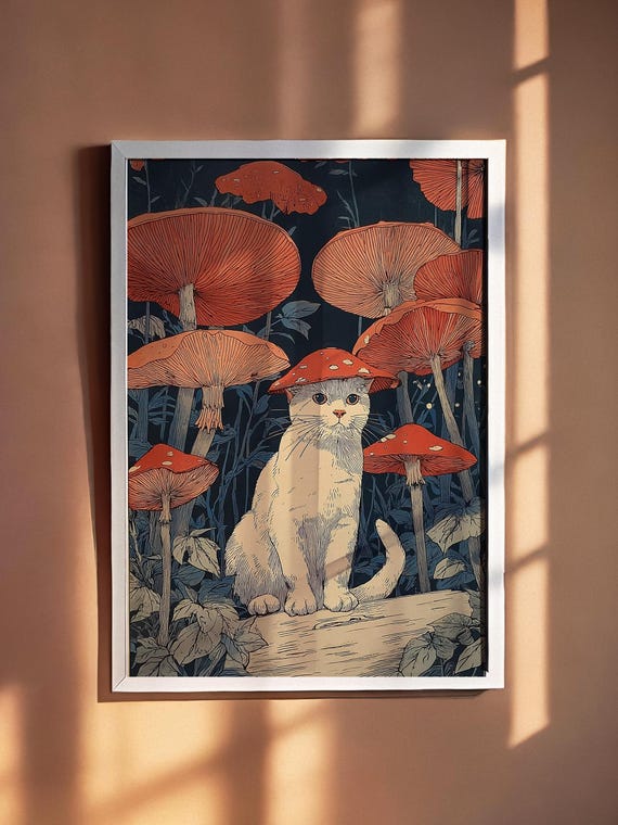 Cat Mushroom Hat Whimsical Forest Art Print Woodland Poster