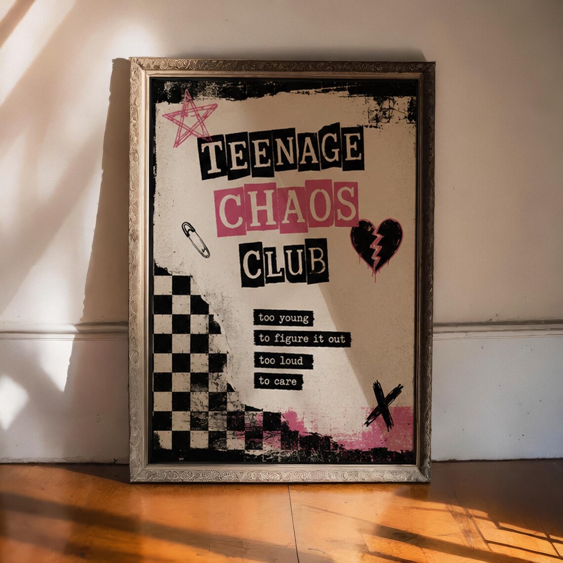 Teenage Chaos Club Emo Grunge Y2K Poster Pink Star Checkered Heart