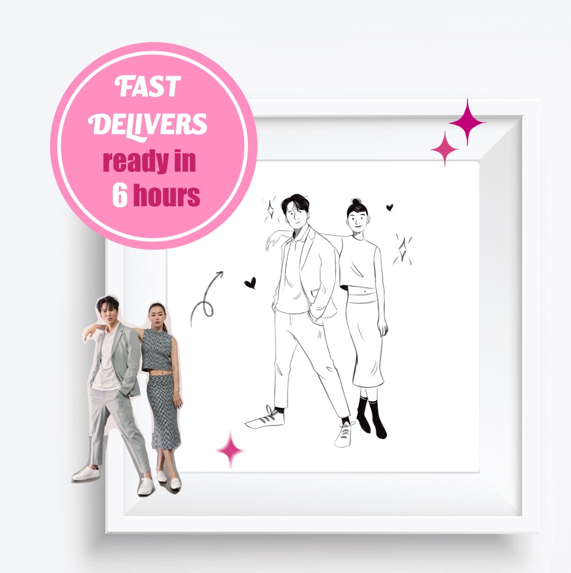 Minimalist Black Line Drawing Couple Portrait From Photo Poster