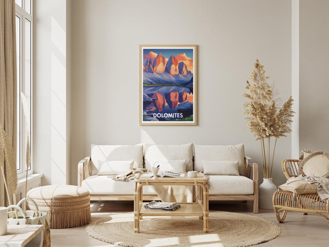 Dolomites Italy Tre Cime Sunset Mountain Lake Reflection Travel Poster - Image 2