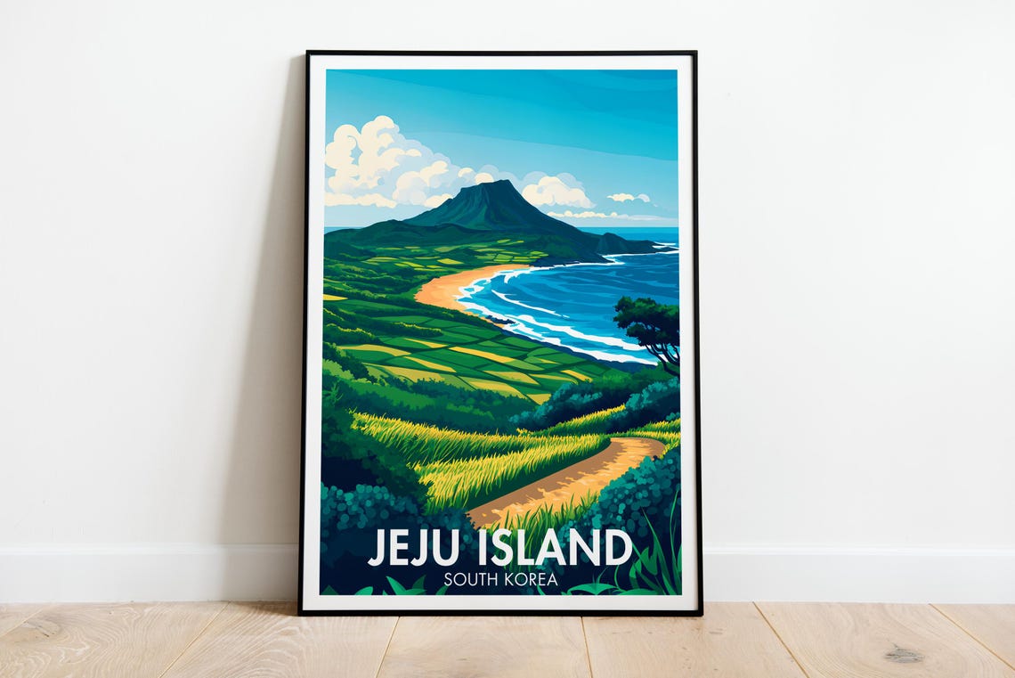 Jeju Island Travel Poster Jeju Painting Coastal And Nature South Korea Wall Decor Jeju Island Art Sunrise Peak Print