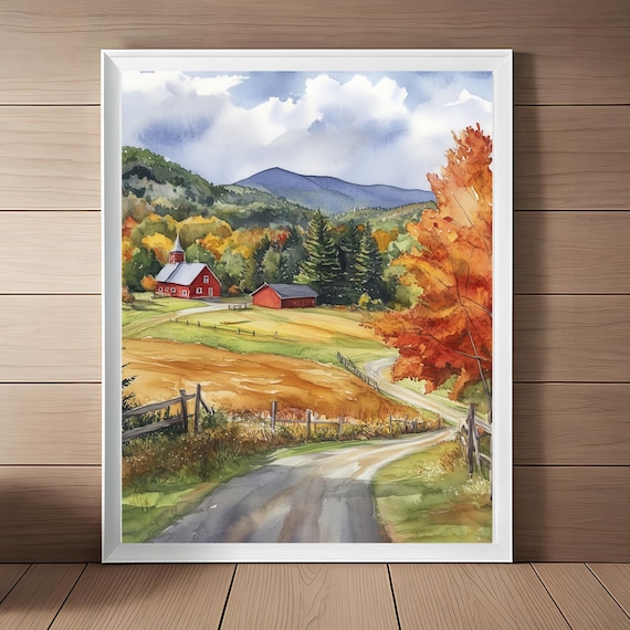 Vermont Autumn Countryside Red Barn Mountain Road Watercolor Poster