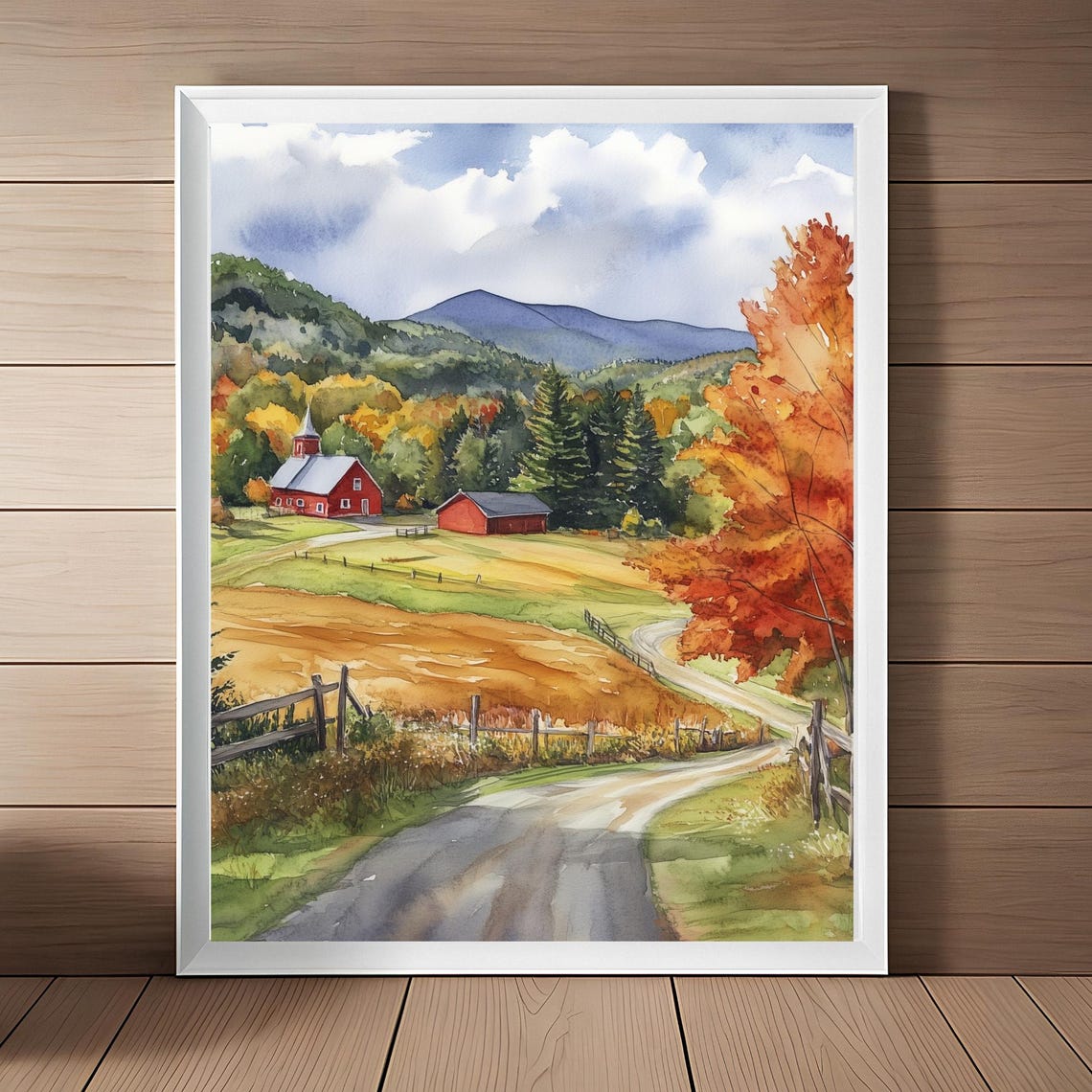Vermont Autumn Countryside Red Barn Mountain Road Watercolor Poster