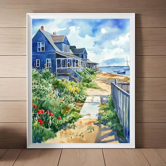 Marthas Vineyard Blue Cottage Seaside Watercolor Coastal Art Poster