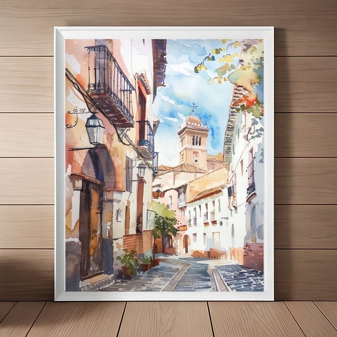 Granada Spain Street Church Tower Cobblestone Balconies Wall Art