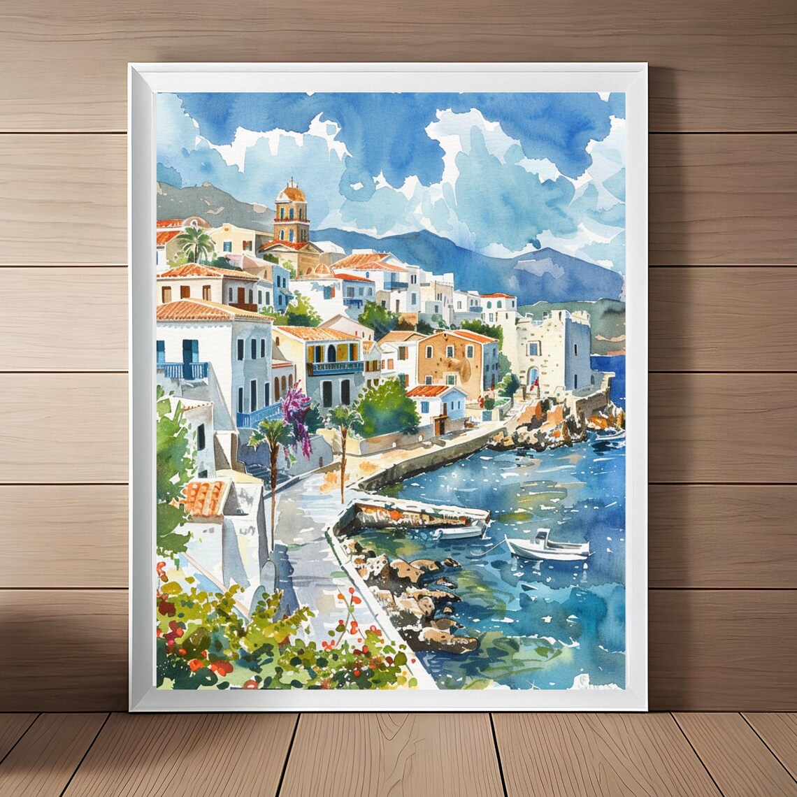 Crete Greece Harbor Town White Village Boats Watercolor Poster
