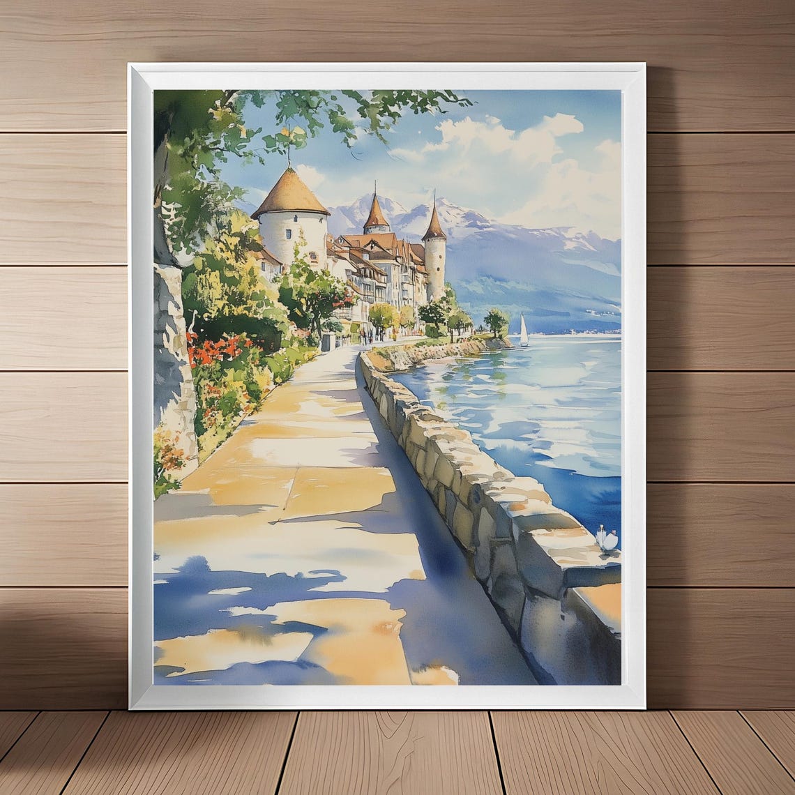 Lac Lman Print Swiss Landscape Watercolor Painting Nature Wall Art Switzerland Travel Poster European Travel Gift