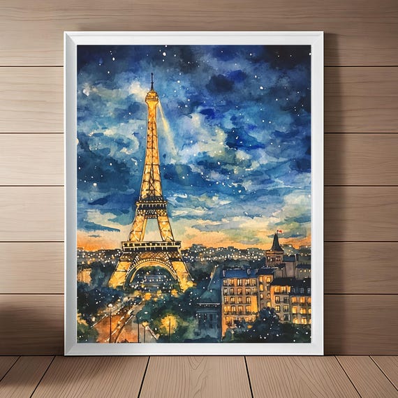 Paris Dusk Eiffel Tower Cityscape Watercolor Art Print