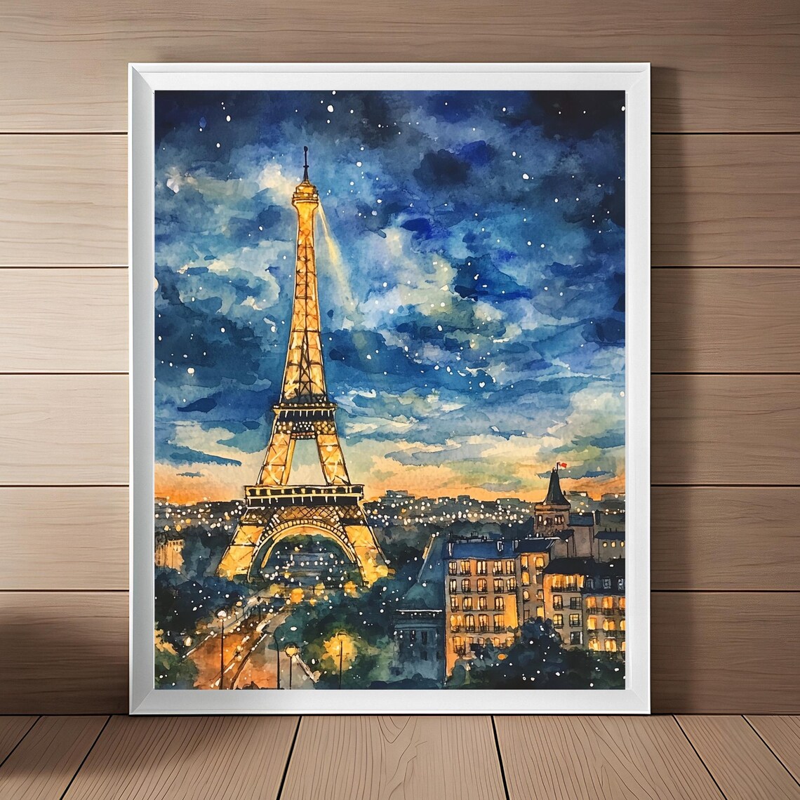 Paris Dusk Eiffel Tower Cityscape Watercolor Art Print