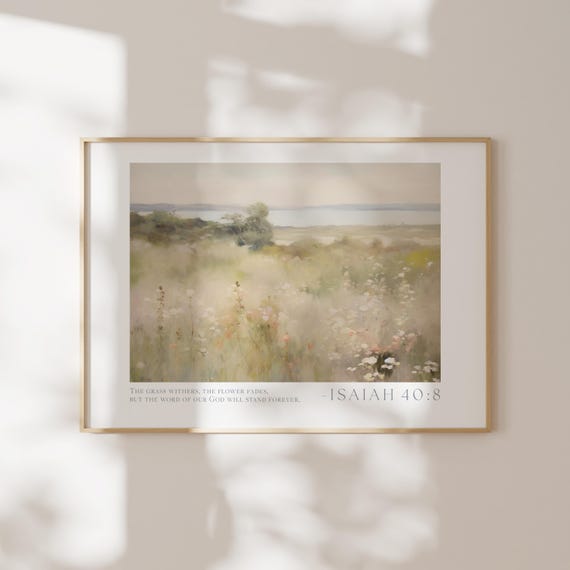 Isaiah 408 Wildflower Wall Art Christian Floral Bible Verse Poster Vintage Landscape Scripture Farmhouse Living Room Decor
