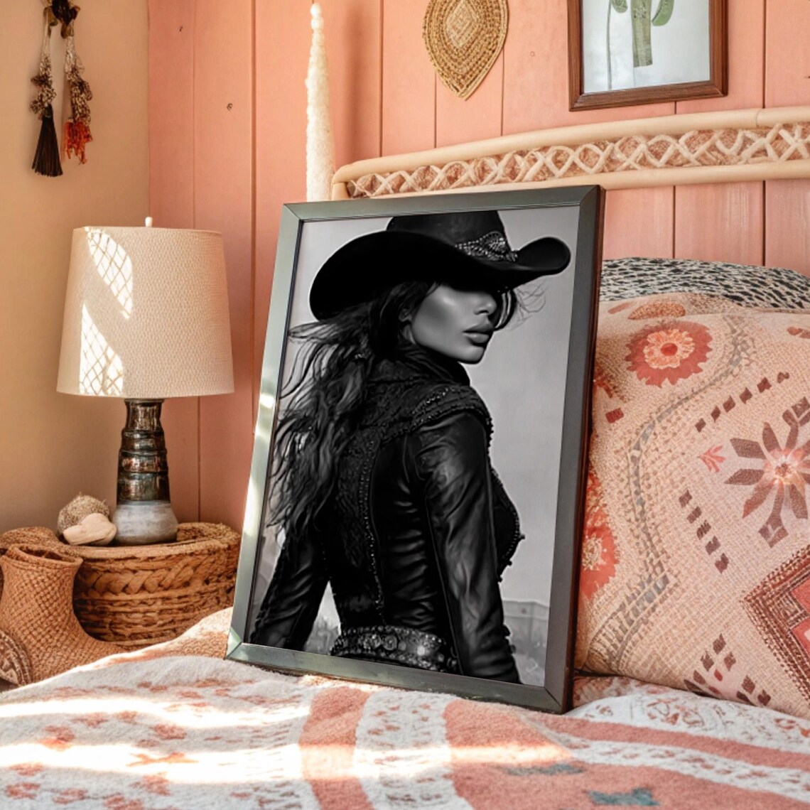 Mysterious Cowgirl Black Leather Hat Moody Western Portrait Poster