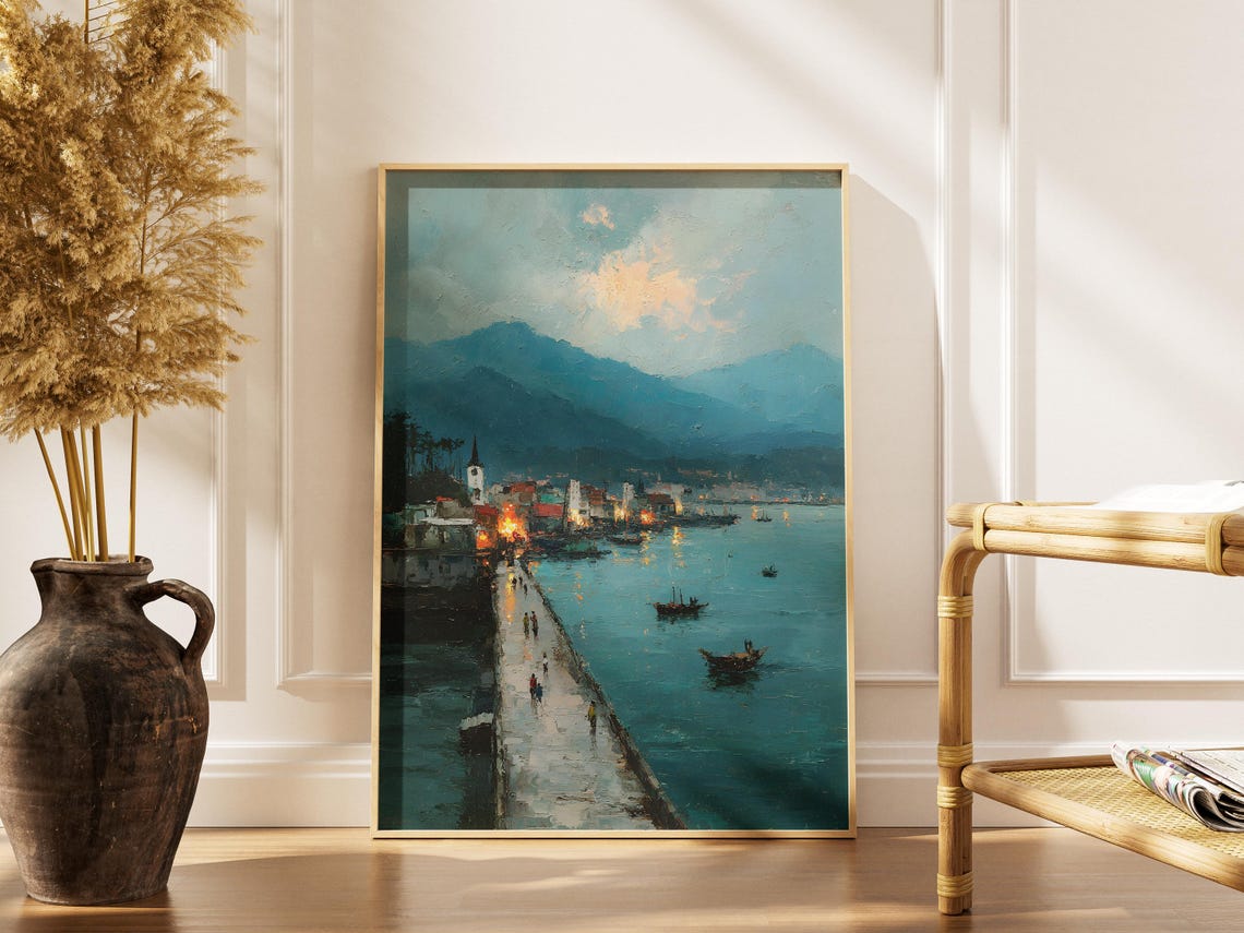 Kingston Harbour Evening Waterfront Painting With Mountains Poster
