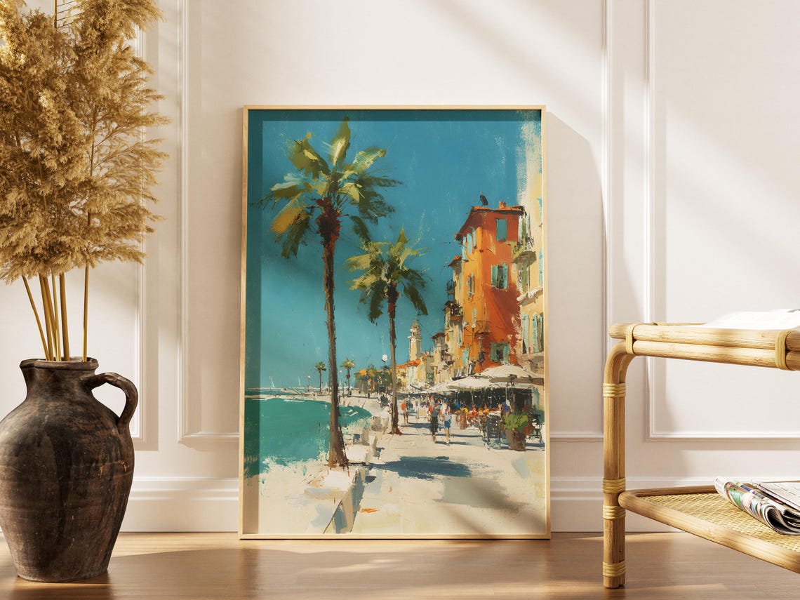 Portofino Italy Palm Lined Coastal Street Seaside Painting Poster